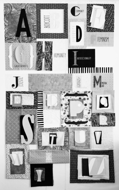 Same abecedary quilt but with the photo set to monochrome so the different values of the various fabrics can be seen better