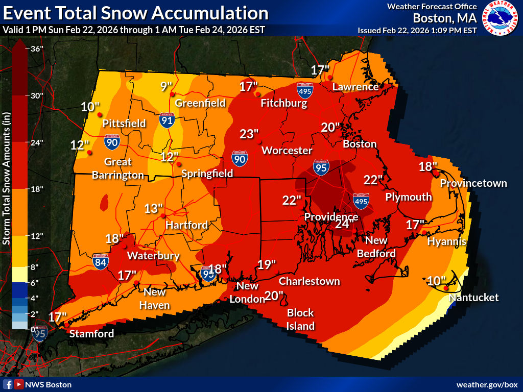 EVENT TOTAL SNOW ACCUMULATION

MAP OF SOUTHERN NEW ENGLAND SHOWS EASTERN HALF OF MASSACHUSETTS, ALL OF RHODE ISLAND, & EASTERN CONNECTICUT IN 18-24 INCH ZONE, W/ A AREA IN SOUTHEASTERN MASSACHUSETTS IN A 24-30 INCH ZONE