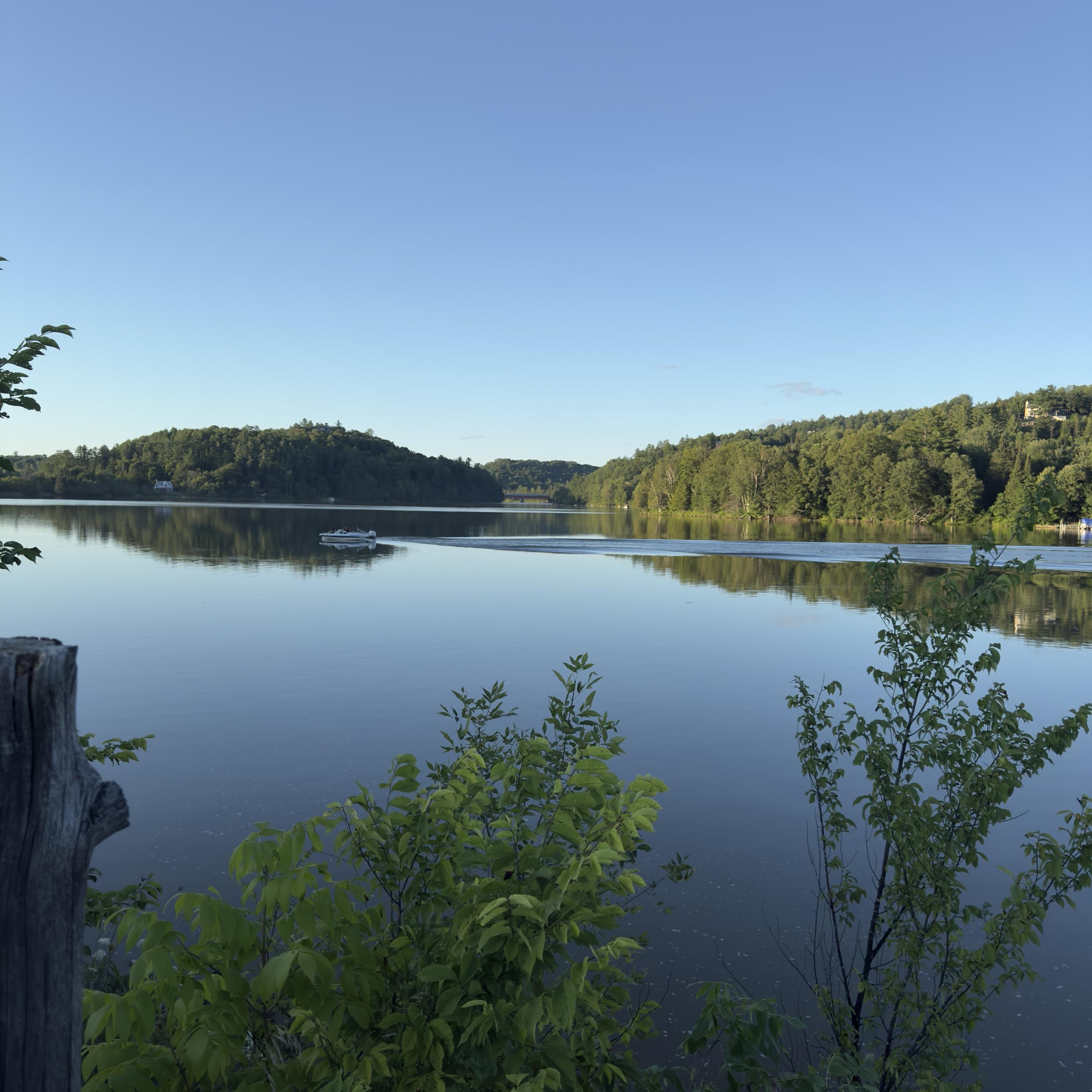 A very calm river with tree-lined banks. The mirror surface of the river reflects the cloudless blue sky.